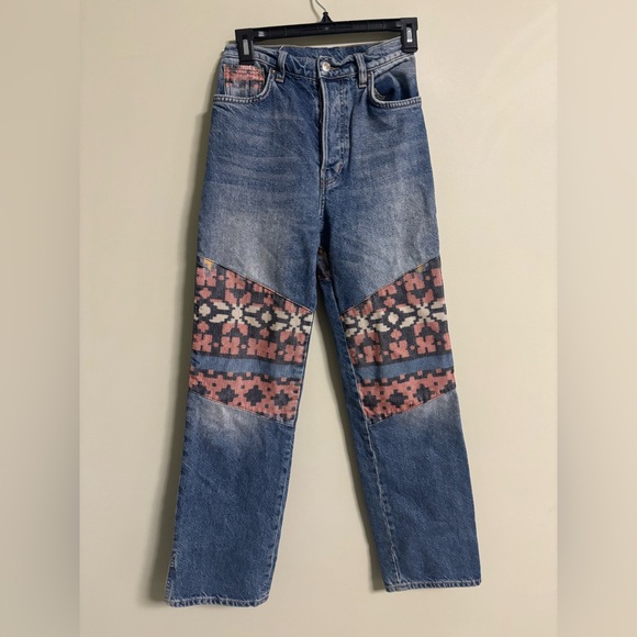 We The Free Denim - We The Free People Rocky Mountain Straight Leg Jeans Size 24 Boho Patchwork
